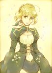  ahoge artoria_pendragon_(all) bad_id bad_pixiv_id blonde_hair dress fate/stay_night fate_(series) green_eyes hair_ribbon miyagi_rie ribbon saber solo 