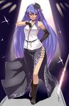  adapted_costume asymmetrical_clothes blue_hair boots choker elbow_gloves gloves hand_on_hip hand_on_own_chest hat highres hinanawi_tenshi houtengeki long_hair mini_hat red_eyes side_slit single_elbow_glove sleeveless solo standing sword_of_hisou touhou very_long_hair 