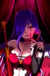  breasts bridal_gauntlets choker cleavage cup elbow_gloves fangs gloves hair_over_one_eye large_breasts long_hair lowres markings purple_hair red_eyes skull solo sword sword_girls vampire weapon 