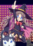  bad_id bad_pixiv_id blue_eyes bow brown_hair cape dog ebisuke halloween hat little_busters! long_hair noumi_kudryavka pink_bow pointing solo strelka thighhighs witch_hat 