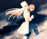  artoria_pendragon_(all) black_legwear blonde_hair blue_eyes boots fate/zero fate_(series) fog formal fur_hat hat holding_hands irisviel_von_einzbern long_hair looking_at_viewer multiple_girls pant_suit pantyhose red_eyes reverse_trap saber short_hair suit taa_(acid) thigh_boots thighhighs 