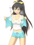  bare_shoulders black_hair blue_eyes breasts ca-nal cleavage fang ganaha_hibiki hair_ribbon idolmaster idolmaster_(classic) long_hair medium_breasts navel open_mouth ponytail ribbon see-through shorts solo sweat tank_top 