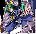  ascot capelet demon_wings dutch_angle electricity energy ghost_tail green_eyes green_hair hat hemogurobin_a1c magic mima smile solo staff touhou touhou_(pc-98) wings wizard_hat 