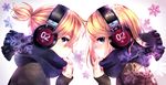  1girl bad_id bad_pixiv_id blonde_hair blue_eyes brother_and_sister headphones kagamine_len kagamine_rin scarf short_hair siblings snowflakes suminosumire twins vocaloid 