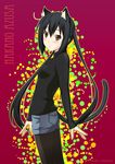  andou_tomoya animal_ears black_hair black_legwear blush brown_eyes cat_ears cat_tail character_name denim denim_shorts k-on! legwear_under_shorts long_hair looking_at_viewer nakano_azusa open_mouth pantyhose short_shorts shorts solo sweater tail twintails 