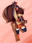  &gt;:o :o arc_system_works ass blazblue blazblue:_continuum_shift boots breasts brown_eyes brown_hair chipmunk fist_pump highres leggings makoto_nanaya skirt solo squirrel tail tonfa underboob weapon 