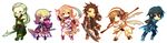  &gt;_&lt; 3girls ahoge alvin_(tales) bad_id bad_pixiv_id bike_shorts black_eyes blonde_hair boots bow braid brown_eyes brown_hair chibi clenched_hands closed_eyes coat cravat creature dress dual_wielding elize_lutus frills full_body gloves green_eyes green_hair gun hair_ribbon hairband highres holding jude_mathis knee_boots leia_rolando long_hair melka_(elyss-abyss) milla_maxwell multicolored_hair multiple_boys multiple_girls one_eye_closed outstretched_hand pants ponytail purple_footwear red_eyes ribbon rod rowen_j._ilbert shoes short_hair skirt smile sword tales_of_(series) tales_of_xillia teepo_(tales) two-tone_hair wand weapon white_hair 