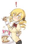  1girl blonde_hair blush breasts caught charlotte_(madoka_magica) cheese drill_hair eating food hair_ornament holding_pizza kurakumo_nue looking_at_viewer mahou_shoujo_madoka_magica medium_breasts pizza plaid plaid_skirt school_uniform skirt slice_of_pizza tomoe_mami yellow_eyes 