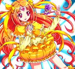  1girl blue_background bow brooch bubble_skirt choker circlet cure_muse_(yellow) dodory eyelashes fairy_tone frills gathers hair_ribbon heart jewelry long_hair magical_girl orange_hair orange_skirt owarine_miku precure purple_eyes ribbon shirabe_ako skirt smile suite_precure yellow_bow yellow_choker 