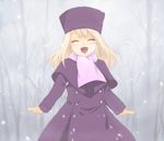  ^_^ bad_id bad_pixiv_id closed_eyes coat fate/stay_night fate_(series) hat illyasviel_von_einzbern izru long_hair pink_scarf purple_hat scarf silver_hair snowing solo white_hair winter_clothes winter_coat 