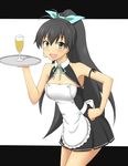  alcohol bare_shoulders bent_over black_hair breasts ca-nal champagne cleavage cosplay dream_c_club dream_c_club_(series) earrings fang ganaha_hibiki glass green_eyes hair_ribbon hand_on_hip highres idolmaster idolmaster_(classic) jewelry letterboxed long_hair open_mouth ponytail ribbon small_breasts smile solo tray waitress 