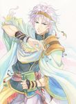  agahari beads book bracelet cape fingerless_gloves fire_emblem fire_emblem:_seima_no_kouseki gloves green_eyes grey_hair hairband jewelry male_focus saleh_(fire_emblem) shoulder_pads solo traditional_media wristband 