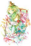  closed_eyes dress dual_persona flower ghost_tail green_dress green_eyes green_hair hair_over_one_eye hat highres japanese_clothes legomaru light_smile multiple_girls open_mouth petals plant rose sash shawl short_hair soga_no_tojiko tate_eboshi touhou traditional_media watercolor_(medium) watercolor_pencil_(medium) 