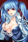  artist_request bdsm blue_hair bondage bound breasts cleavage coat cuffs large_breasts long_hair lowres luthica_preventer open_clothes open_mouth red_eyes solo sword_girls twintails 