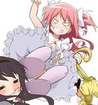  =_= akemi_homura angry black_hair blonde_hair blood blood_stain boots censored_violence clenched_teeth closed_eyes dress drill_hair drop_kick gloves hair_grab hair_ornament hair_pull hairband kaname_madoka kicking long_hair mahou_shoujo_madoka_magica mami_mogu_mogu masochism multiple_girls nosebleed open_mouth pink_footwear pink_hair scowl severed_head simple_background smile spoilers teardrop teeth thigh_boots thighhighs tomoe_mami two_side_up ultimate_madoka white_background youkan 