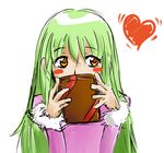  1girl amber amber_(darker_than_black) blush blush_stickers darker_than_black embarassed embarrassed green_hair heart looking_at_viewer simple_background solo white_background 