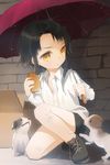  bandages bangs black_hair blunt_bangs box cardboard_box child dog dress_shirt eating food holding kneeling lowres parted_bangs puppy rain salt_(salty) sandwich shirt short_hair shorts sita_vilosa solo sword_girls umbrella wet yellow_eyes 