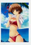  absurdres belly bikini blue_sky blush breasts brown_eyes brown_hair cleavage cloud daiba_minato day groin hair_ribbon highres looking_at_viewer marriage_royale medium_breasts navel pleated_skirt red_bikini ribbon scan shirt skirt sky solo suzuhira_hiro swimsuit undressing 