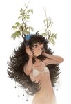  ahoge bangs bikini_top black_hair blue_eyes chest_scar covering_ears flat_chest front-tie_top hands_in_hair head_scarf leaf liyin_(neptune) long_hair navel original parted_lips scar solo tree_branch upper_body white_bikini_top 