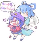  birthday blue_hair blush carrying chibi dress fang hair_ornament hair_rings hair_stick jiangshi kaku_seiga kenoka miyako_yoshika multiple_girls outstretched_arms shawl short_hair smile touhou zombie_pose |_| 