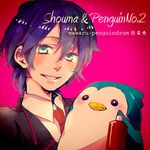  bird blue_hair bottle character_name green_eyes male_focus mawaru_penguindrum necktie penguin penguin_2-gou smile takakura_shouma 