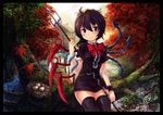  absurdres asymmetrical_wings bad_id bad_pixiv_id black_eyes black_hair black_legwear blush border bow bridge brown_hair dress egg forest highres houjuu_nue hut in_tree lake leaf nature nest polearm purple_eyes ribbon short_hair signature sitting sitting_in_tree smile snake solo spear thighhighs touhou tree trident ufo weapon wings yinzhai zettai_ryouiki 