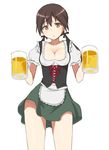  aiueo alcohol barmaid beer beer_mug blush breasts brown_eyes brown_hair cleavage collarbone cup dirndl german_clothes gertrud_barkhorn holding holding_cup looking_at_viewer medium_breasts oktoberfest simple_background solo strike_witches twintails underbust world_witches_series 