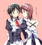  2boys black_hair blue_eyes blush crossdressing frown ichijou_(kaiji) itou_kaiji kaiji karukanko long_hair maid maid_headdress male male_focus multiple_boys red_hair translation_request trap 