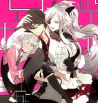  2boys carrying dual_persona gloves grin hug hug_from_behind inga jacket long_hair multiple_boys open_mouth panda_hat princess_carry purple_eyes smile suou un-go very_long_hair vest yuuki_shinjuurou 