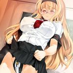  aburidashi_zakuro blonde_hair blush breasts chastity_belt closed_eyes copyright_request covered_nipples glasses hairband large_breasts long_hair lowres pussy_juice school_uniform skirt skirt_lift solo 