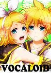  1girl :t aqua_eyes bad_id bad_pixiv_id blonde_hair brother_and_sister copyright_name hair_ornament hair_ribbon hairclip kagamine_len kagamine_rin open_mouth ribbon sacchan_(hn0816) short_hair siblings twins vocaloid 