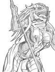 anthro breasts dragonborn dungeons_&amp;_dragons female horn infernaltroglodyte nipples open_mouth plain_background polearm pose scalie solo spear tongue weapon white_background 