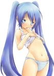  bangs bare_arms bare_shoulders blue_eyes blue_hair blue_panties blush breasts collarbone cowboy_shot eyebrows_visible_through_hair hair_tie hand_to_own_mouth hands_up long_hair looking_at_viewer nakoumi_kokoro navel panties parted_lips shirt_lift shy simple_background small_breasts solo standing stomach striped striped_panties twintails underboob underwear very_long_hair vest white_background white_vest 