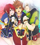  2boys bad_id bad_pixiv_id blue_eyes brown_hair cosplay donald_duck donald_duck_(cosplay) fingerless_gloves gloves goofy goofy_(cosplay) highres jewelry kairi_(kingdom_hearts) keyblade kingdom_hearts kingdom_hearts_i long_hair multiple_boys na_(n7ao) necklace one_eye_closed purple_eyes red_hair riku short_hair silver_hair sora_(kingdom_hearts) wristband 