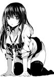  all_fours attsun_(atsushi_jb) bad_id bad_pixiv_id breasts cleavage greyscale large_breasts long_hair monochrome original simple_background sleeves_rolled_up solo thighhighs 
