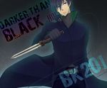  black_hair blue_eyes darker_than_black hei highres knife male male_focus solo trench_coat trenchcoat weapon wire 