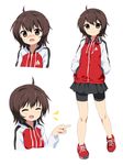  1girl ahoge bike_shorts blush brown_eyes brown_hair character_sheet female fudama hands_in_pockets headphones laughing open_mouth original shoes short_hair shorts skirt smile sneakers solo sweat 