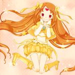  bad_id bad_pixiv_id boots bow brooch brown_hair bubble_skirt capelet circlet cure_muse_(yellow) earrings hair_bow hands_on_own_face heart jewelry jumping knee_boots long_hair magical_girl mizutamako no_choker orange_background precure red_eyes shirabe_ako skirt smile solo star suite_precure yellow_bow yellow_skirt 