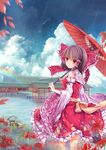  architecture blonde_hair bow brown_hair cloud day detached_sleeves east_asian_architecture embellished_costume flower frills gathers hair_bow hair_tubes hakurei_reimu lolita_fashion looking_back oriental_umbrella rain rainbow red_eyes ribbon short_hair smile solo spider_lily touhou tsukimiya_kamiko umbrella wa_lolita wading 