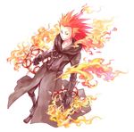  axel_(kingdom_hearts) black_coat_(kingdom_hearts) boots chakram cloak emonana facial_mark fire gloves green_eyes highres kingdom_hearts male_focus red_hair solo weapon 