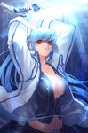  artist_request belt blue_hair breasts cleavage coat electricity large_breasts long_hair lowres luthica_preventer open_clothes red_eyes skirt solo sword sword_girls twintails weapon 