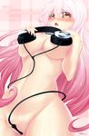  blush breast_suppress breasts covering covering_breasts gradient_hair grado_labs headphones headphones_on_breasts jinkou_tenshi large_breasts long_hair looking_down multicolored_hair navel nude open_mouth original pink_hair solo two-tone_hair white_hair yellow_eyes 
