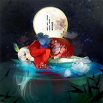  bad_id bad_pixiv_id flower full_moon hair_ornament japanese_clothes kimono leaf long_hair lotus moon night night_sky nineo original partially_submerged red_eyes sky solo star_(sky) tabi translation_request water white_hair 