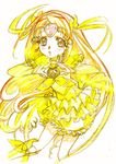  boots bow brooch bubble_skirt capelet choker color_trace colored_pencil_(medium) cure_muse_(yellow) dress earrings eyelashes frilled_dress frilled_skirt frilled_sleeves frills hair_bow hair_ornament heart jewelry knee_boots long_hair looking_at_viewer magical_girl nishida_asako pose precure ribbon shirabe_ako simple_background skirt solo suite_precure traditional_media very_long_hair white_background yellow yellow_ribbon yellow_skirt 