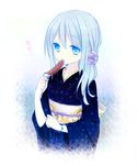  aqua_eyes aqua_hair banana blush bracelet chocolate_banana eating flower food fruit hair_flower hair_ornament japanese_clothes jewelry kimono kuu_(0427) long_hair obi original sash scribble solo sprinkles translated upper_body yukata 