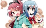  blue_eyes blue_hair bow casual fang food hair_bow jacket long_hair mahou_shoujo_madoka_magica miki_sayaka mouth_hold multiple_girls one_eye_closed open_mouth pocky ponytail red_eyes red_hair sakura_kyouko school_uniform short_hair yuuhi_alpha 