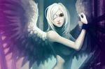  2010 absurdres angel_wings breasts chenbo eyepatch highres looking_at_viewer medium_breasts nipples nude original parted_lips purple_eyes restrained runes signature solo white_hair wings 