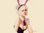  alternate_costume alternate_eye_color animal_ears bare_shoulders battle_bunny_riven breasts brown_eyes bunny_ears bunny_girl bunnysuit cleavage detached_collar fake_animal_ears folded_ponytail highres jonathan_hamilton league_of_legends lips lipstick makeup medium_breasts necktie nose riven_(league_of_legends) short_hair solo upper_body wallpaper white_background white_hair wrist_cuffs 