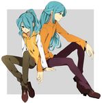  age_progression blue_hair casual dual_persona hair_over_one_eye inazuma_eleven inazuma_eleven_(series) inazuma_eleven_go kazemaru_ichirouta long_hair male_focus ponytail smile yorozuyozu 