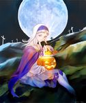  albino cape cross dress full_moon gensou_suikoden gensou_suikoden_ii graveyard hairband halloween jack-o'-lantern moon red_eyes sakai_yume short_hair sierra_mikain silver_hair thighhighs tombstone 